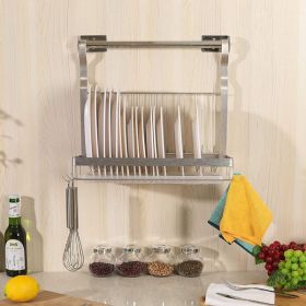 Dish Drying Rack, Above Sink Single Tier Stainless Steel Organizer with Drainer and Hooks - Silver