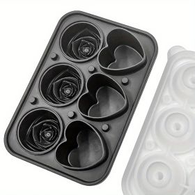 1pc Ice Cube Tray; Rose Flower And Heart Shaped Ice Cube Mold; Food Grade Silicone Ice Ball Maker; Kitchen Tools; Kitchen Supplies (Color: 3 Hearts 3 Roses Ice Tray-Black)