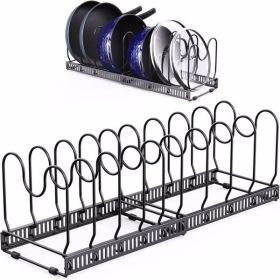 Expandable Pans Organiser Rack,Pot and Pan Lid Holder with 10 Adjustable Dividers,Bakeware Saucepan Lid Storage for Kitchen Cupboard, Black (Color: as picture)