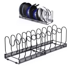 Expandable Pans Organiser Rack,Pot and Pan Lid Holder with 10 Adjustable Dividers,Bakeware Saucepan Lid Storage for Kitchen Cupboard, Black (Color: Black)