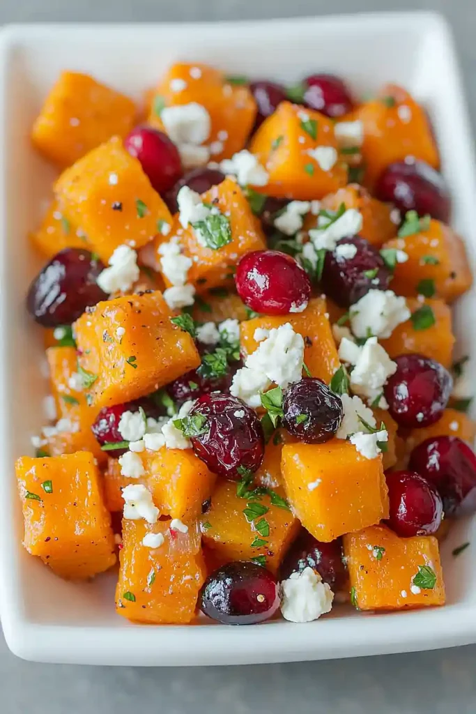 honey roasted butternut squash with cranberries and feta