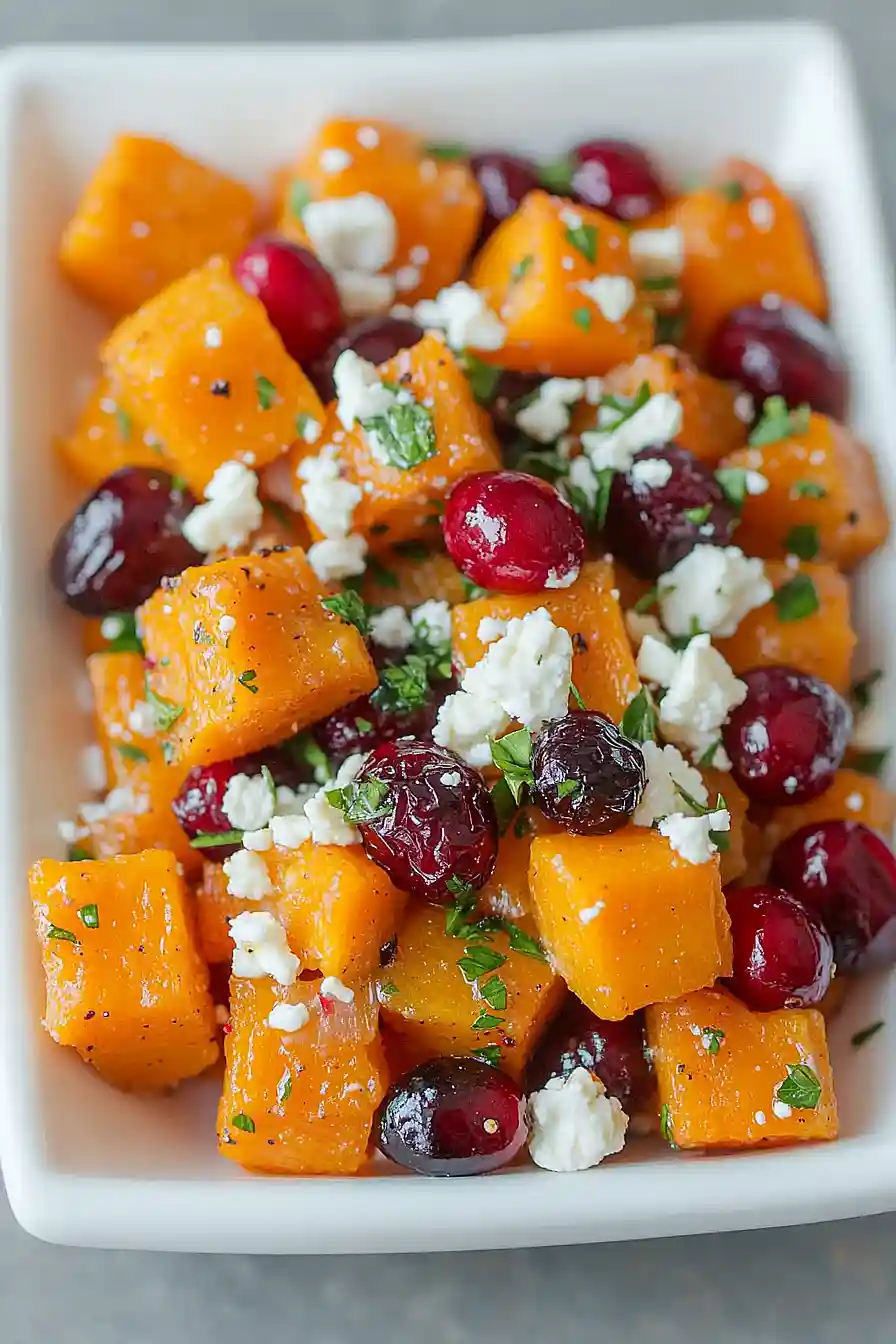 honey roasted butternut squash with cranberries and feta