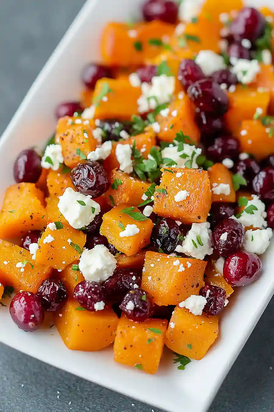 honey roasted butternut squash with cranberries and feta