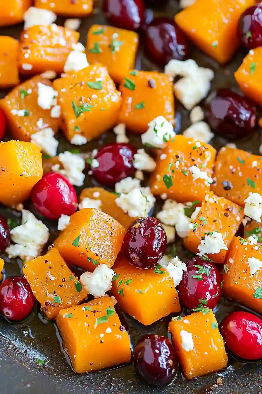 honey roasted butternut squash with cranberries and feta