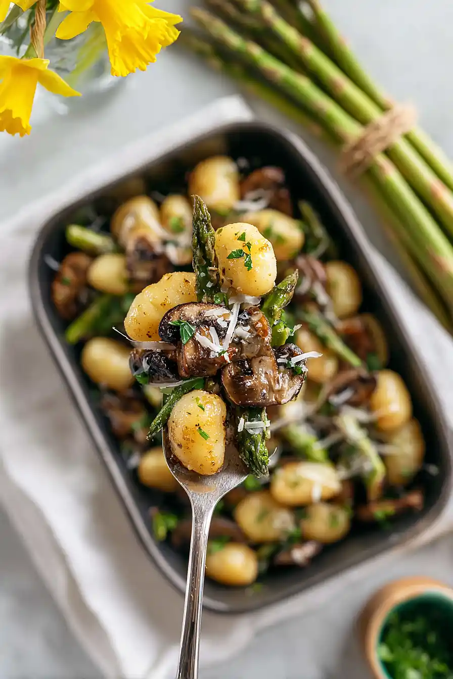 sheet pan asparagus mushroom gnocchi