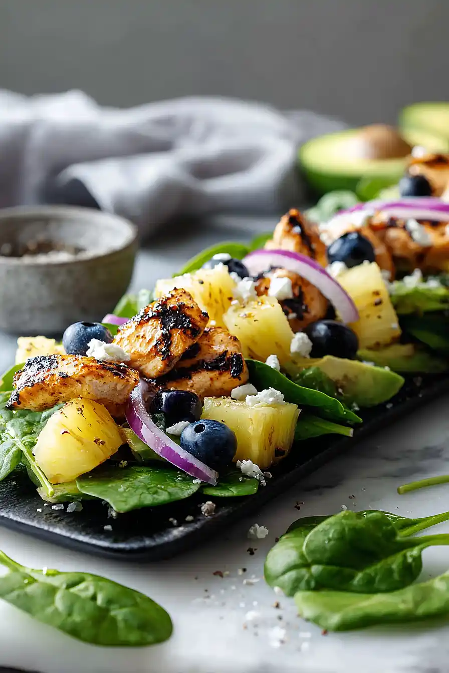 grilled pineapple, chicken, and avocado salad