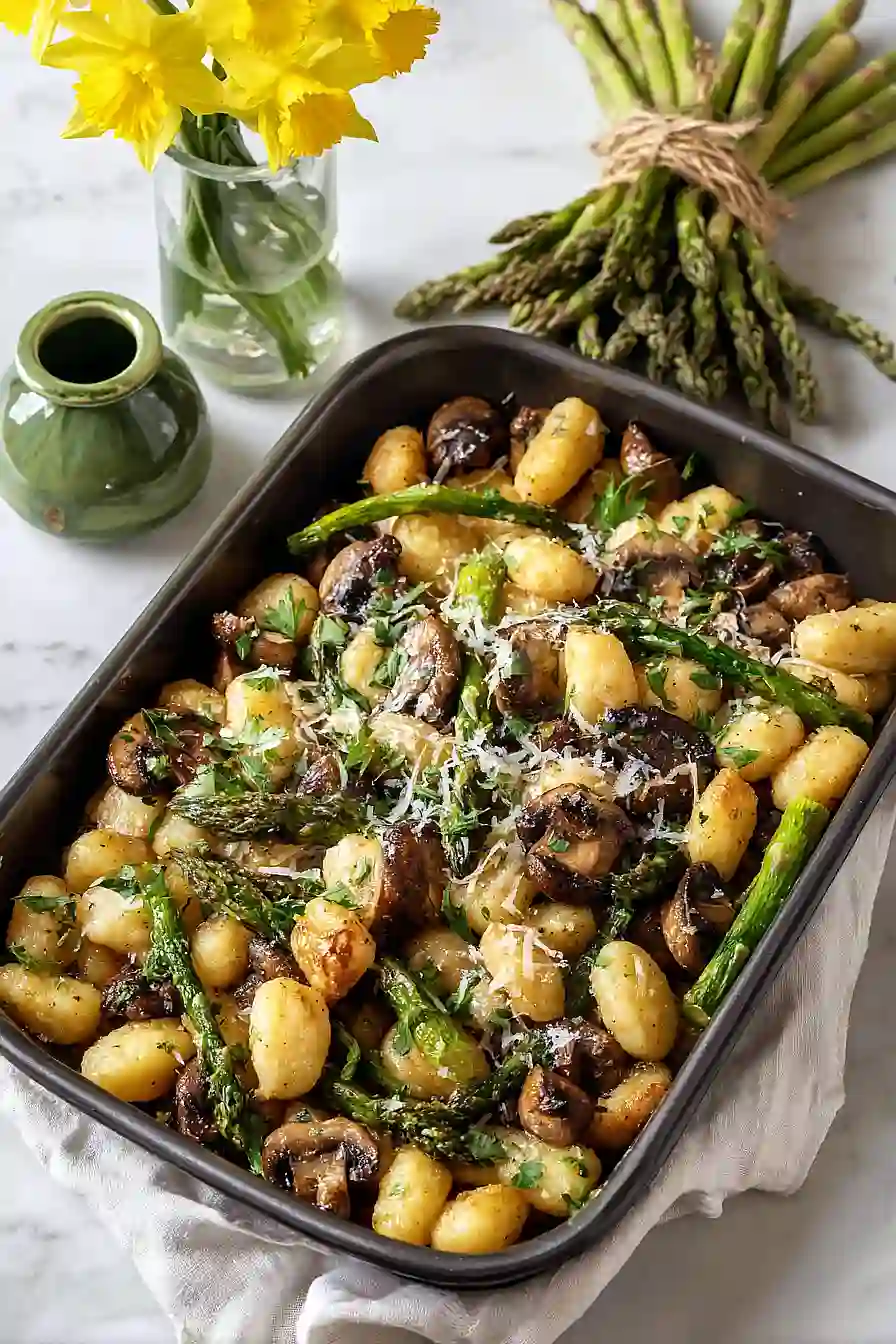 sheet pan asparagus mushroom gnocchi