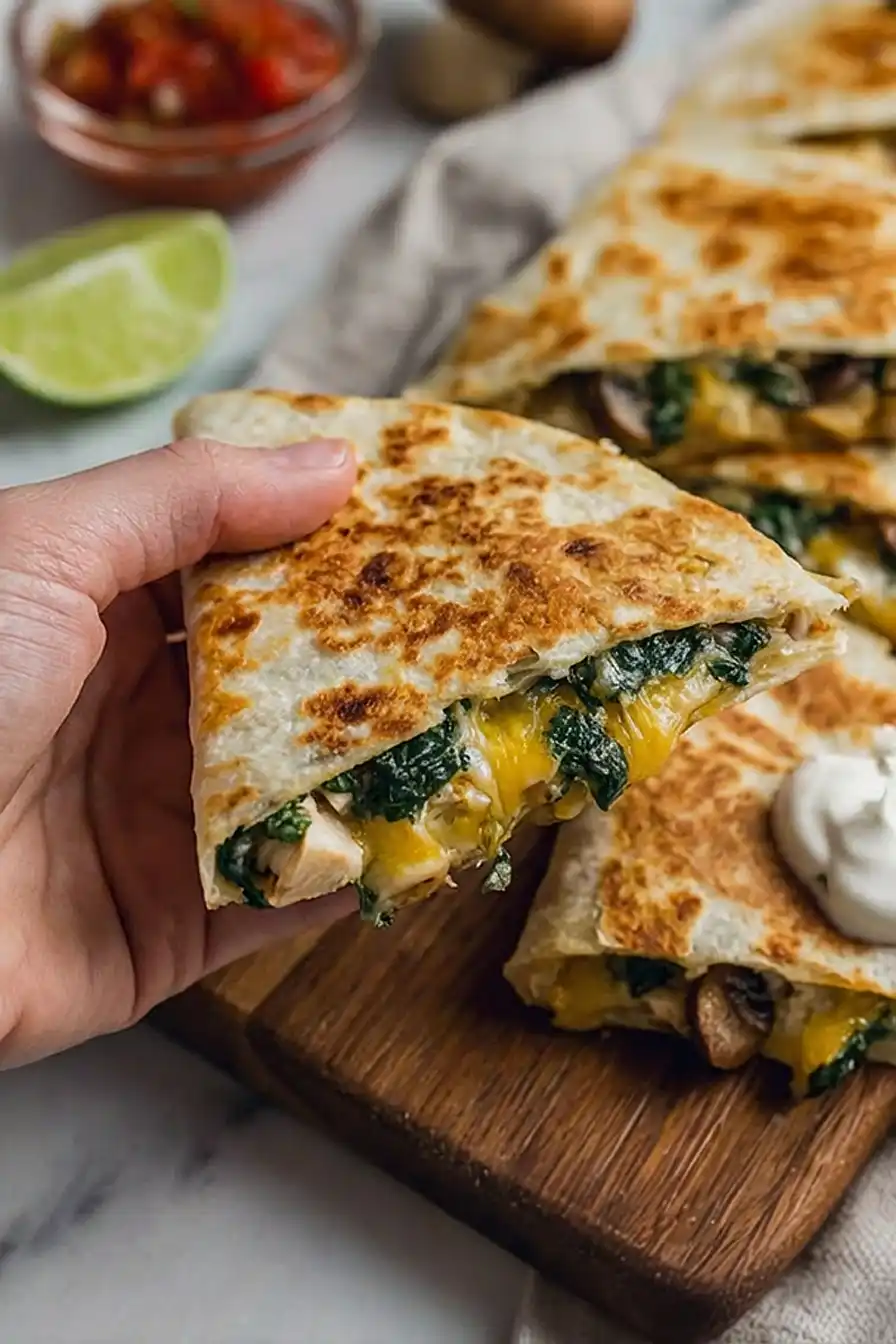 spinach, mushroom, and chicken quesadillas