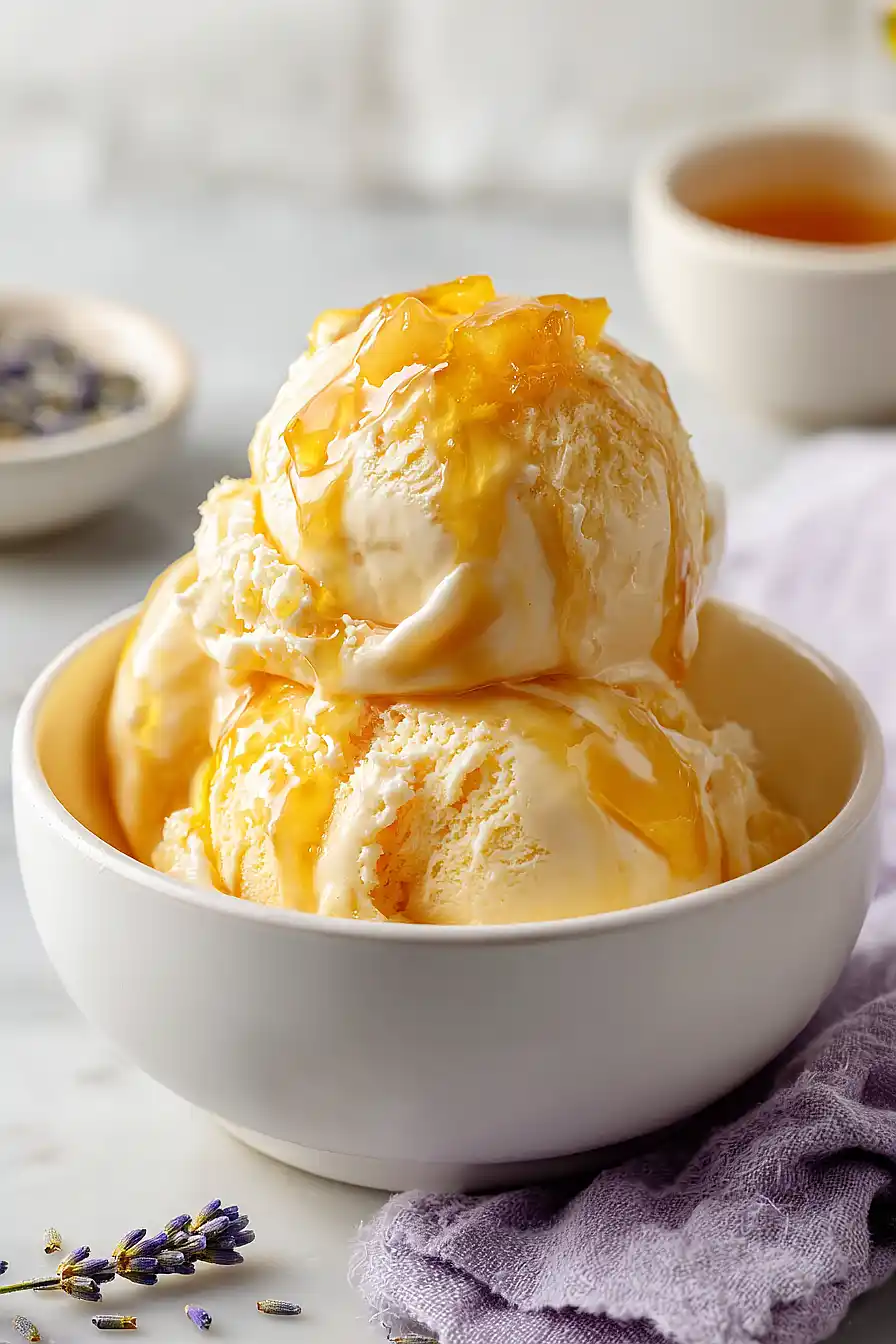 lavender ice cream with peach compote