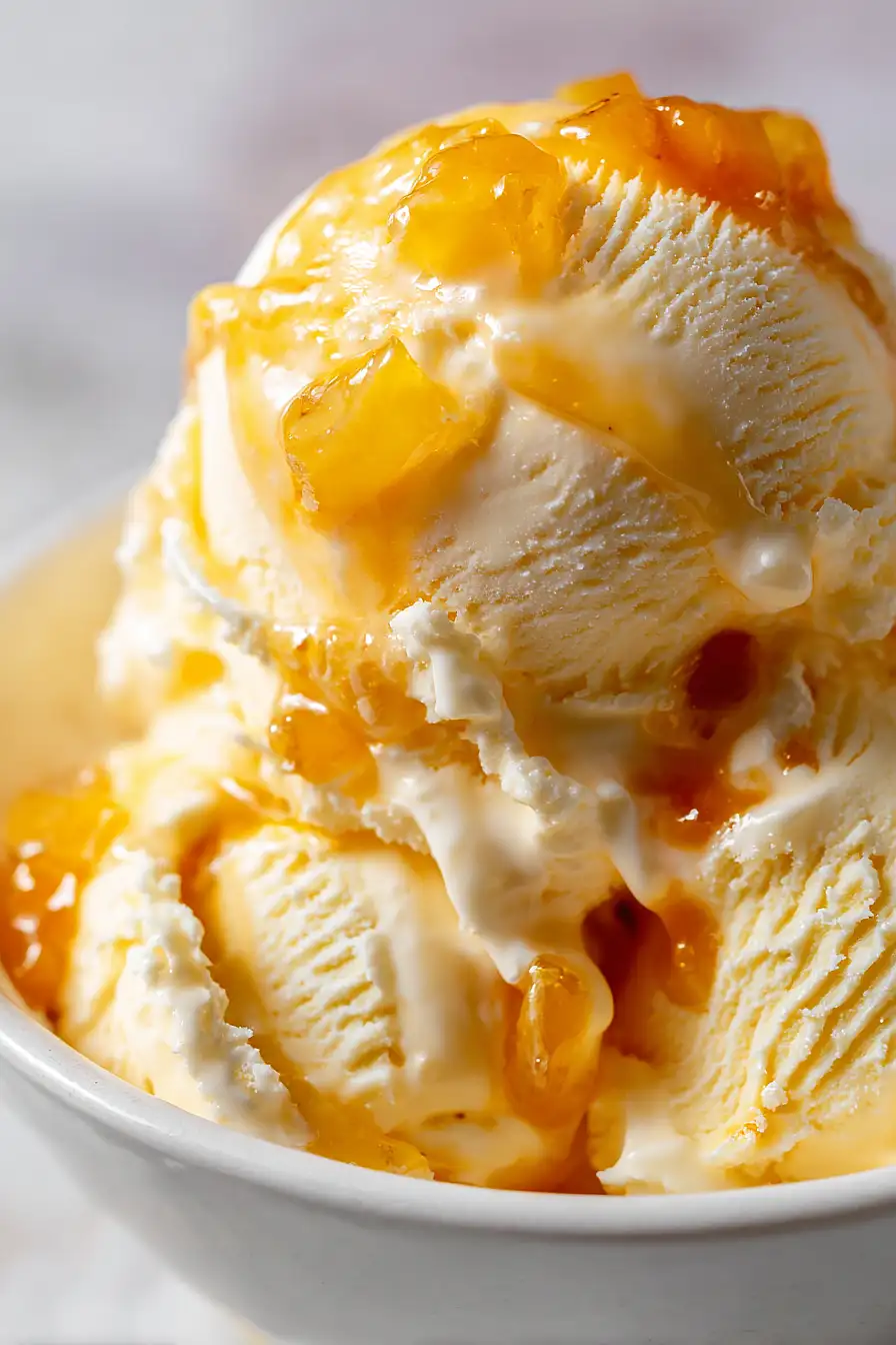 lavender ice cream with peach compote