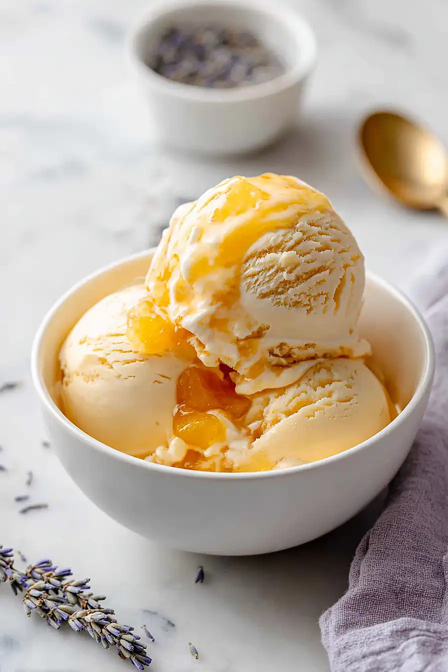 lavender ice cream with peach compote