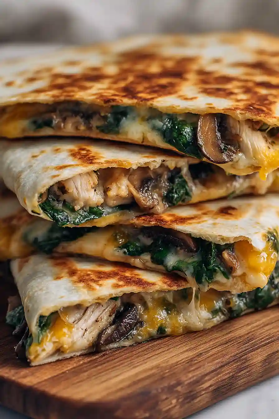 spinach, mushroom, and chicken quesadillas